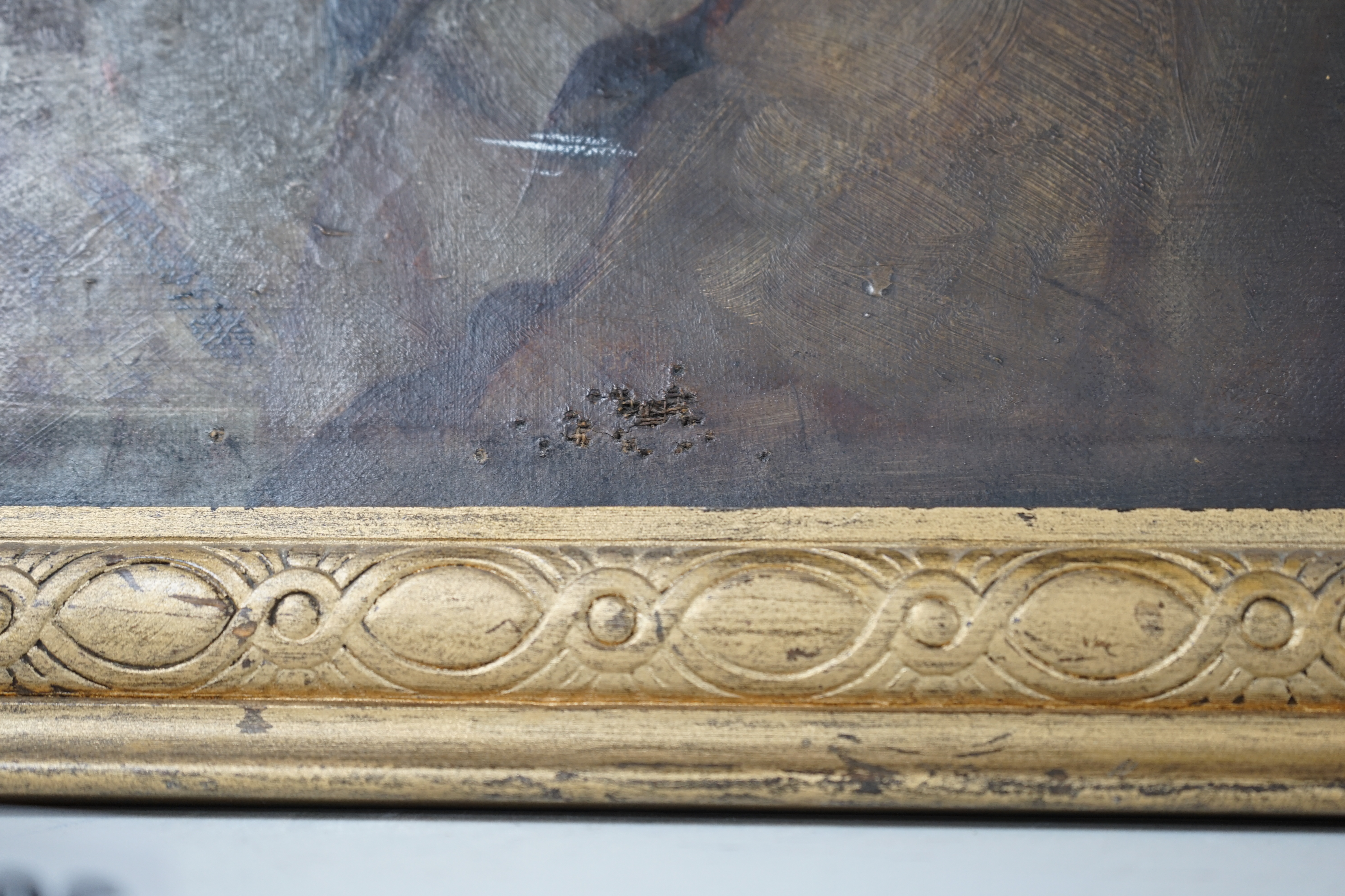19th century School, oil on canvas, Portrait of a lady wearing a bonnet, unsigned, 50 x 39.5cm, gilt framed. Condition - poor